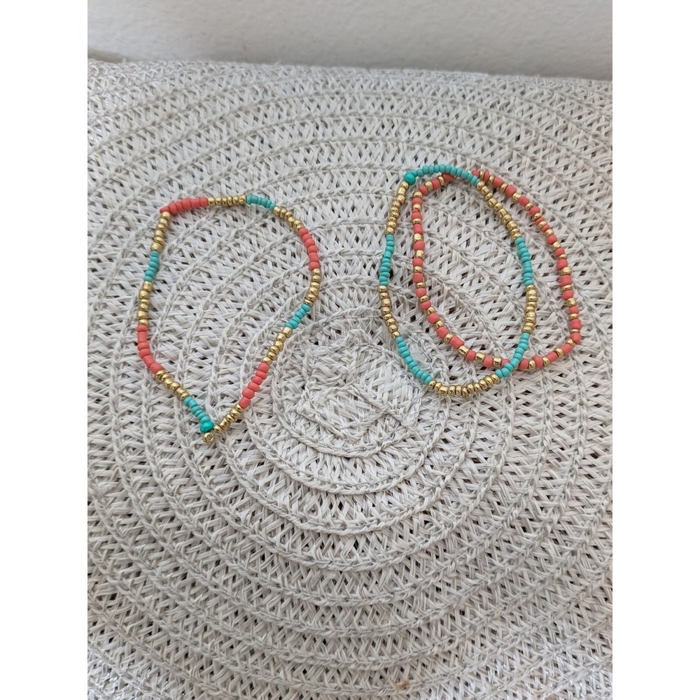 Boho Beaded Bracelets Set of 3 Turquoise‎ Coral Gold Tone Stretchy Anklet Set